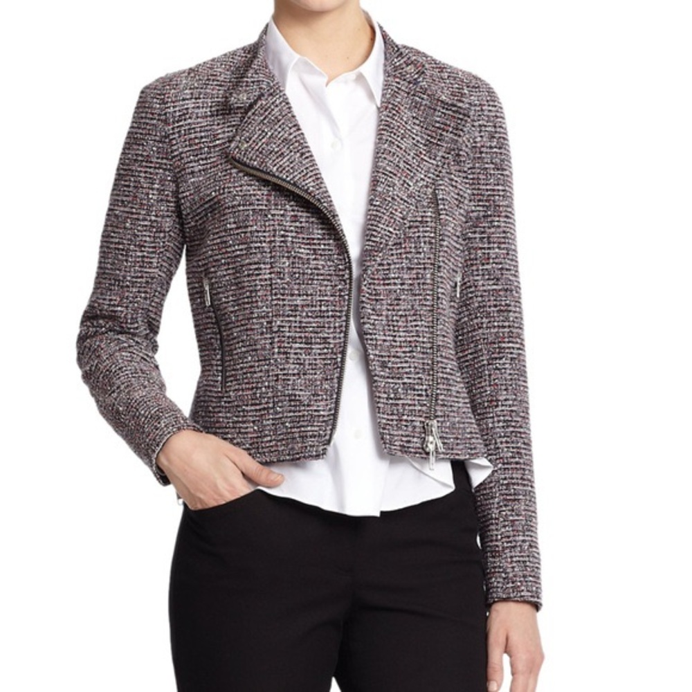 Theory Tweed Moto Blazer in Black, White & Burgundy